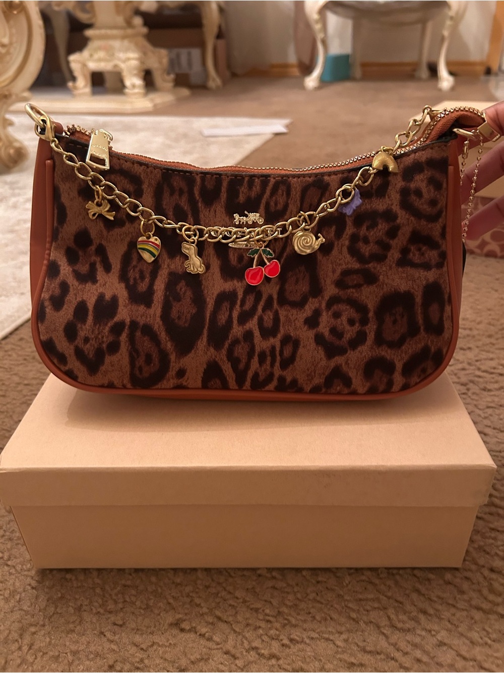 Leopard Print Charm Shoulder Bag in Brown